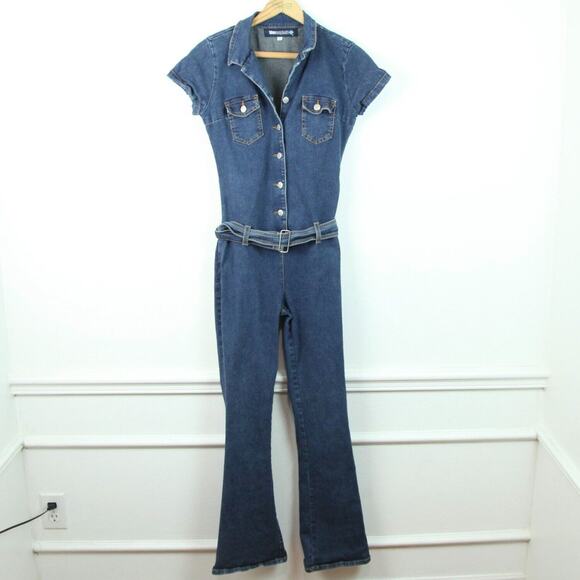 Vintage Small Denim Jumpsuit Y2K Flare Western Glam Retro Festival Baddie Girlie - Picture 1 of 15